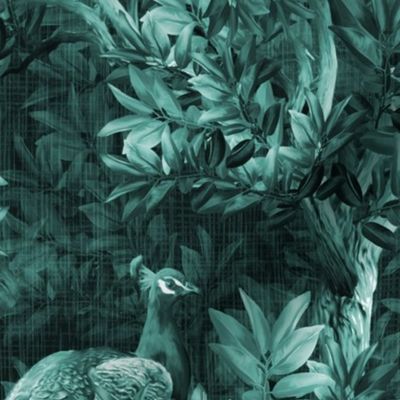 Elaborate Jade Green Peacock Toile Wall Decor, Decadent Lush Woodland Forest Mural, Elegant Antique Country Garden Interior, Peacock Birds in Magical Natural Habitat, MEDIUM SCALE