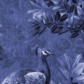 China Blue White Peacock Garden, Peacock Nouveau Opulent Wild Bird Toile, Peacock Bird Menagerie, Exotic Botanical Toile de Jouy, Wild Woodland Jewel Tones English Lush Country, Ornamental Leafy Blooms, Opulent Blue Bird Design, LARGE SCALE