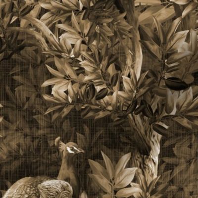 Antique Peacock Toile De Jouy Wild Bird Garden, Leafy Sepia Toned Luxe Foliage, Vintage Style Male Peacock Bird of Paradise, Warm Brown Earth Tones, Midsummer Nature Wild Animal Woodland Forest, Dark Moody Woodland Forest Leaves, SMALL SCALE