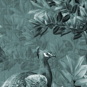 Decadent Blue Gray Antique Toile De Jouy, Luxe Magical Bird Garden Forest Toile, Opulent Peacock Menagerie Woodland Animals, Botanical Wildlife Tropical Birds, Tropical Leaves Romantic Classic, Magnificent Peacock Bird Plumage, LARGE SCALE