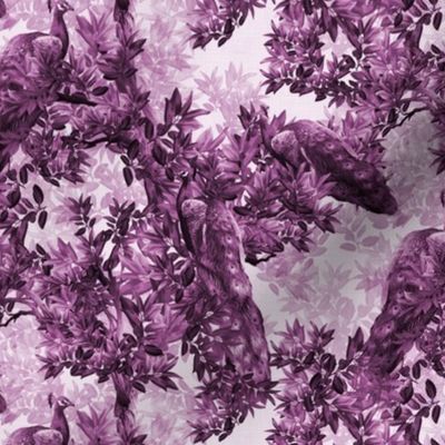 Purple Monochrome Toile De Jouy, Wild Bird Forest Foliage, Decadent Vintage Style Peacock Design, Magical Leafy Woodland Leaves, Peacock Nouveau Goth Mystic Vibe, Vintage Antique Style Animal Toile, Original Painterly Dark Purple Art Floral