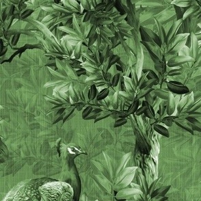 Romantic Bird Interior, Exotic Peacock Animal Art, Opulent Emerald Green Jewel Colors, Peacock Tail Feathers, Luxe Forest Woodland Animals, Botanical Wildlife Tropical Birds, Tropical Leaves, Painted Wildflower Botanical Artwork, Modern Green Toile, LARGE