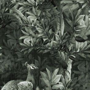 Dark Botanical Forest, Bold Forest Decor, Luxurious Peacock Birds, Classical Charcoal Gray Bird Pattern, Nostalgic Romantic Vintage Luxe, Boho Chic Monochrome Bedroom Interior, Dramatic Woodland Leafy Foliage, Lush Tree Forest Leaves Wall Mural, SMALL SCA