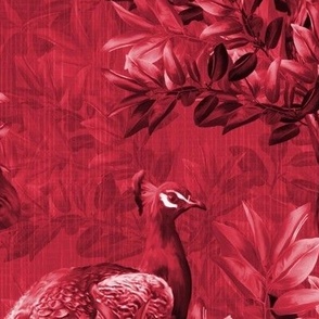 Decorative Romantic Cherry Red Classic Peacock Birds in Tree Foliage, Painterly Style Ornamental Luxury Wall Mural, Dark Crimson Red Moody Floral Country Garden, Antique Leafy Paradise, LARGE SCALE