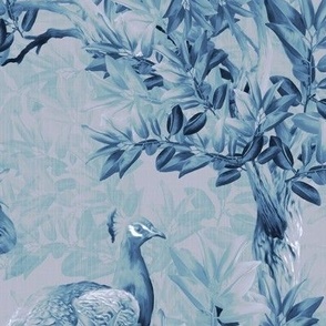 Romantic Blue and White Painted Peacock Birds Toile, Lush Flora and Fauna, Wild Peacock Forest Textured Sapphire Blue Monochrome, Dreamy Vintage Summer Opulence, MEDIUM SCALE