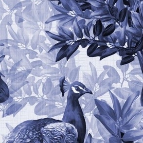 Grand Vintage Luxe Illustrated Midnight Blue Forest Toile, Vibrant Blue and White Exotic Birds Toile De Jouy, Painterly Style Leafy Flora and Fauna Forest, Elegant Peacock Design, Interior Feature Wall, LARGE SCALE
