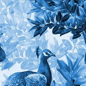 Luxe Blue White Peacock Bird Forest Toile, Lush Midnight Blue Painterly Leaves, Luxury Elegant Bird of Paradise, Antique Vintage Style Animals, Historical Secret Garden, LARGE SCALE