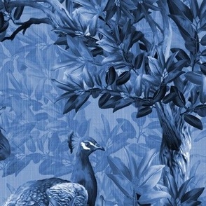 Dark Royal Blue Peacock Woodland Forest Decor, Decorative Arts Peacock Bird Tail Feathers, Romantic English Garden, Large Luxury Feature Wall, Painterly Style Birds of Paradise, Wild Animal Home Decor, MEDIUM SCALE