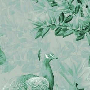 Antique Garden Luxury English Cottage Birds and Blooms Toile, Secret Garden Home Decor, Lush Jade Green Romantic Nature Classic, Large Light Teal Peacock Birds, Succulent Leafy Forest, LARGE SCALE