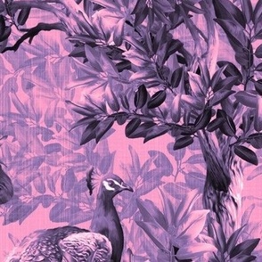 Maximalist Painted Floral Antique Style Bird Garden, Luxury Peacock Wallpaper, Luxurious Carnation Pink Purple Peacock Paradise, Bold Dramatic Decorative Leafy Floral, Elegant Wild Peacock Birds, Pink Boho Chic Interior Bedroom Boudoir Forest, MEDIUM SCAL