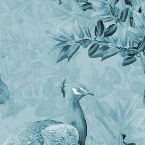Contemporary Powder Blue Toile de Jouy, Modern Peacock Bird Leafy Floral, Blue Monochrome Peacock Paradise, Luxurious Victorian Flora and Fauna, Romantic Painted Wall decor Mural, LARGE SCALE