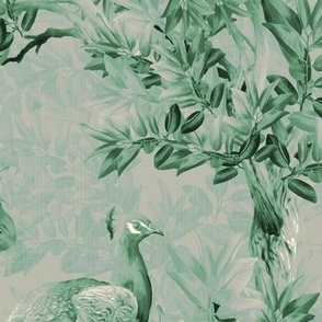 Contemporary Green Toile De Jouy, Modern Stylized Peacock Birds and Feathers, Forest Green and Light Basil, English Lush Country Ornamental Blooms, MEDIUM SCALE