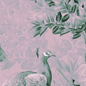 Maximalist Interior Toile Wild Peacock Birds, Dusty Pink Orchid Lush English Countryside Mural, Ornamental Muted Teal Leafy Blooms, Succulent Forest Leaves, LARGE SCALE