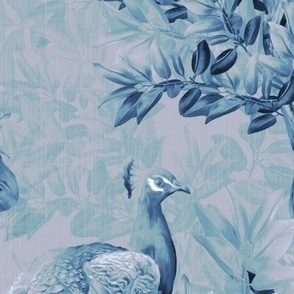 Victorian Painted Mural, Succulent Lavender Sky Blue Forest Toile, Maximalist Interior, Sapphire Blue Peacock Birds, Historical English Cottage Garden, Exotic Peacock Tail Feathers, LARGE SCALE