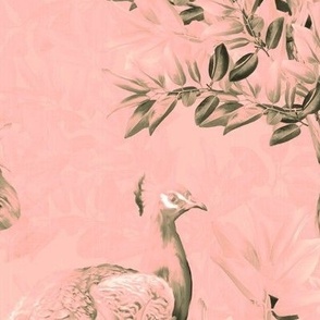 Lush Antique Salmon Pink Retro Birds and Blooms Floral Botanical, Tranquil Lavish Moss Green Home Decor, Modern Upholstery Wall Art, Peacock Paradise English Garden Mural, Large Peacock Birds, LARGE SCALE