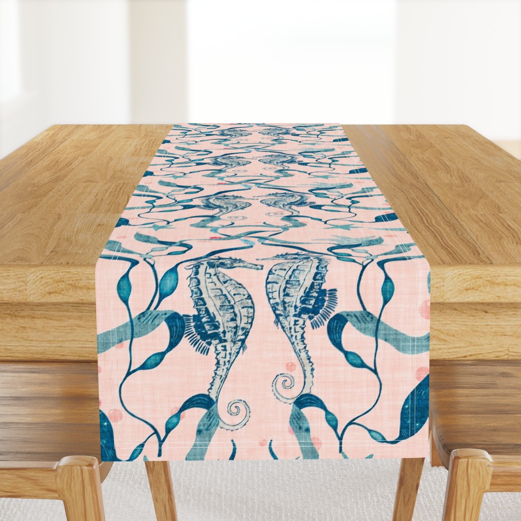 Seahorses, blue seaweed and Starfish on coral with linen texture (extra large/ jumbo scale)