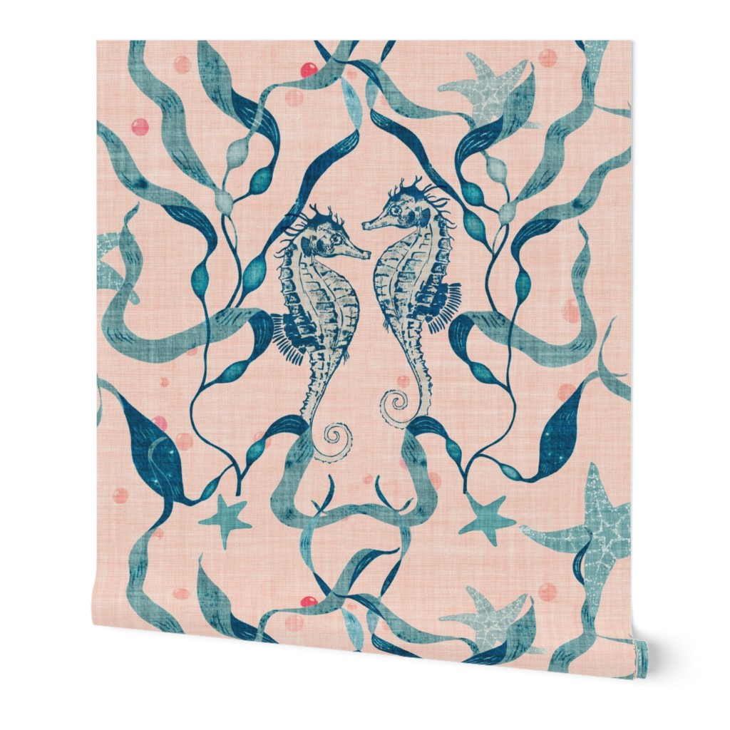 Seahorses, blue seaweed and Starfish on coral with linen texture (extra large/ jumbo scale)