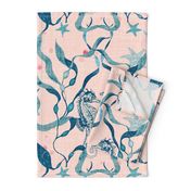 Seahorses, blue seaweed and Starfish on coral with linen texture (extra large/ jumbo scale)