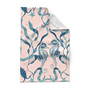 Seahorses, blue seaweed and Starfish on coral with linen texture (extra large/ jumbo scale)