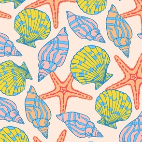 SEASHELLS BY THE SEASHORE Coastal Ocean Beach Starfish Scallop Seashells in Seaside Multi-Colors on Warm White - LARGE Scale - UnBlink Studio by Jackie Tahara