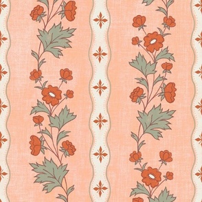 Clarabelle Vine Vertical Stripe  Floral Peach rust orange