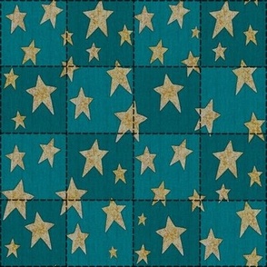 Faux Woven and Stitched Star Patchwork Blue Teal