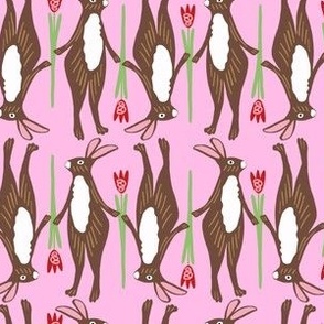 brown bunnies and tulips on pink