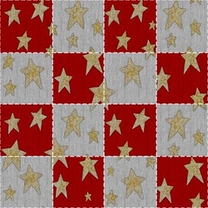 Faux Woven and Stitched Star Patchwork White and Red