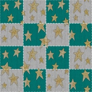 Faux Woven and Stitched Star Patchwork White and Teal 
