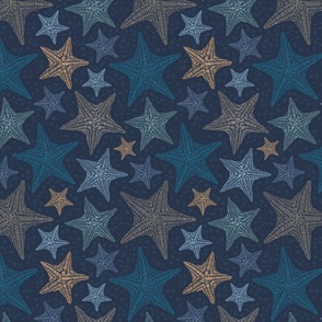Starfish at Night (s) - navy blue, teal, golden yellow