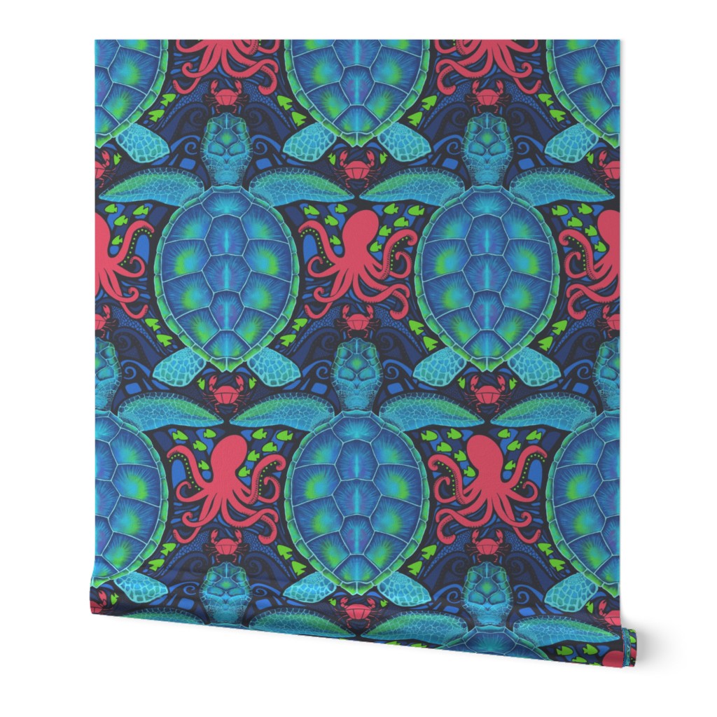 Seaside Sea Turtle and Friends_turquoise, lime and magenta