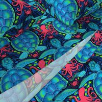 Seaside Sea Turtle and Friends_turquoise, lime and magenta