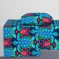 Seaside Sea Turtle and Friends_turquoise, lime and magenta