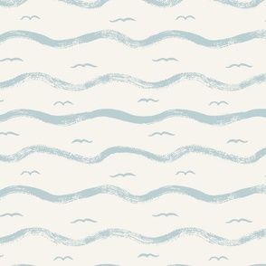 Coastal Wave Stripes with Birds - Sea Foam Blue and Off White