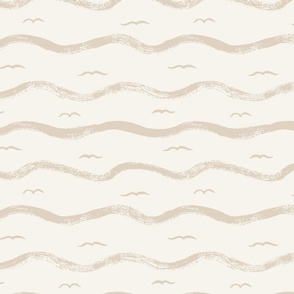 Coastal Wave Stripes with Birds - Sand Beige and Off White