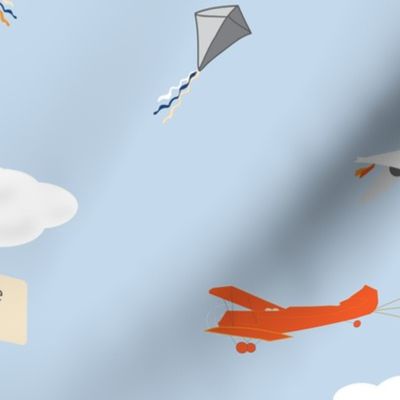 Cloudy Day Fabric - Red Planes, Kites & Seagulls