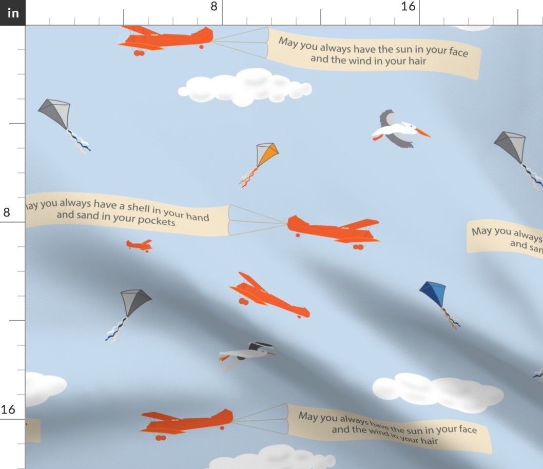 Cloudy Day Fabric - Red Planes, Kites & Seagulls