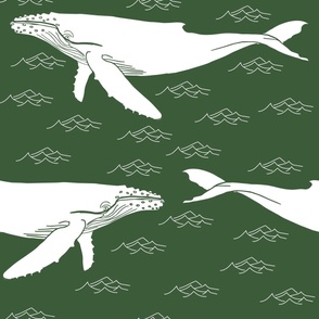(S) Tranquil Humpback Whale Seascape, Ocean Beach Wallpaper Green and White