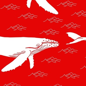 (L) Tranquil Humpback Whale Seascape, Ocean Animal Wallpaper Red and White