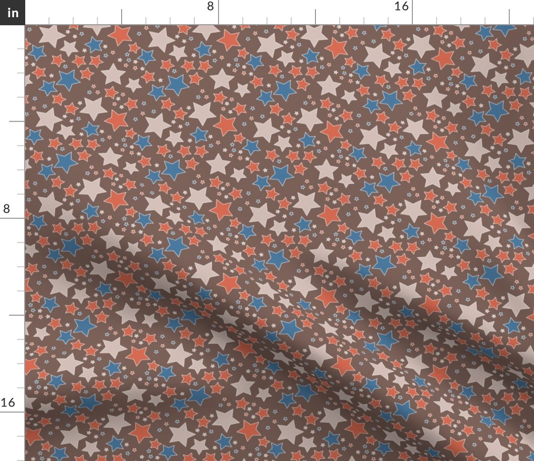 009 - Small scale dusty blue, brown and orange Take a Hike Kiwiana stars for children's wallpaper, kids duvet covers, night time, galaxy, constellation. bold, vibrant decor