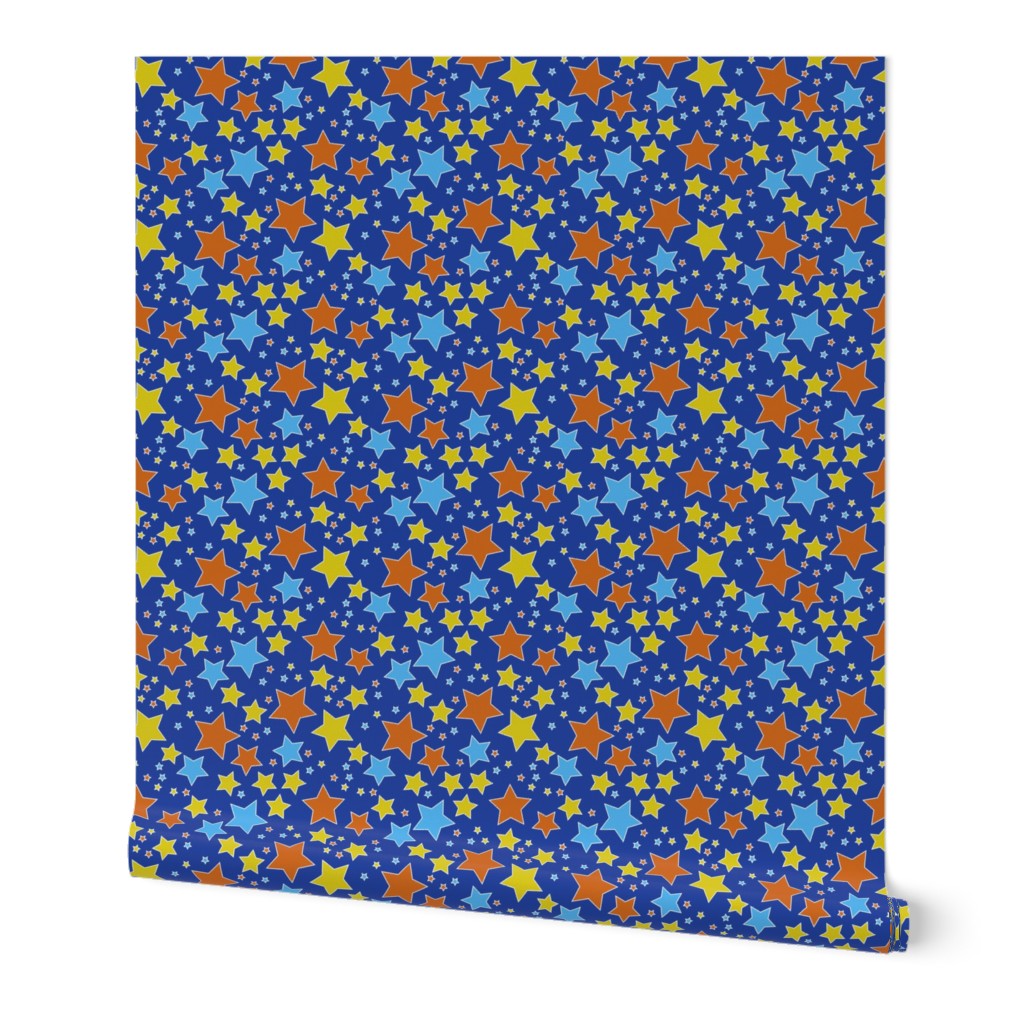 009 - Small scale bright mid blue, orange and yellow Take a Hike Kiwiana stars for children's wallpaper, kids duvet covers, night time, galaxy, constellation. bold, vibrant decor