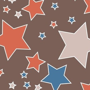 009 -  Large scale dusty blue, brown and orange Take a Hike Kiwiana stars for children's wallpaper, kids duvet covers, night time, galaxy, constellation. bold, vibrant decor
