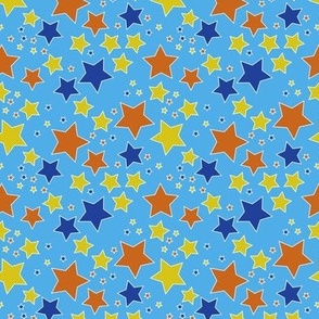 009 - Small scale sky blue, orange and bright blue Take a Hike Kiwiana stars for children's wallpaper, kids duvet covers, night time, galaxy, constellation. bold, vibrant decor