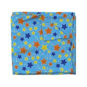 009 - Large scale sky blue, orange and bright blue Take a Hike Kiwiana stars for children's wallpaper, kids duvet covers, night time, galaxy, constellation. bold, vibrant decor