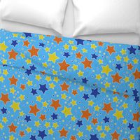 009 - Large scale sky blue, orange and bright blue Take a Hike Kiwiana stars for children's wallpaper, kids duvet covers, night time, galaxy, constellation. bold, vibrant decor