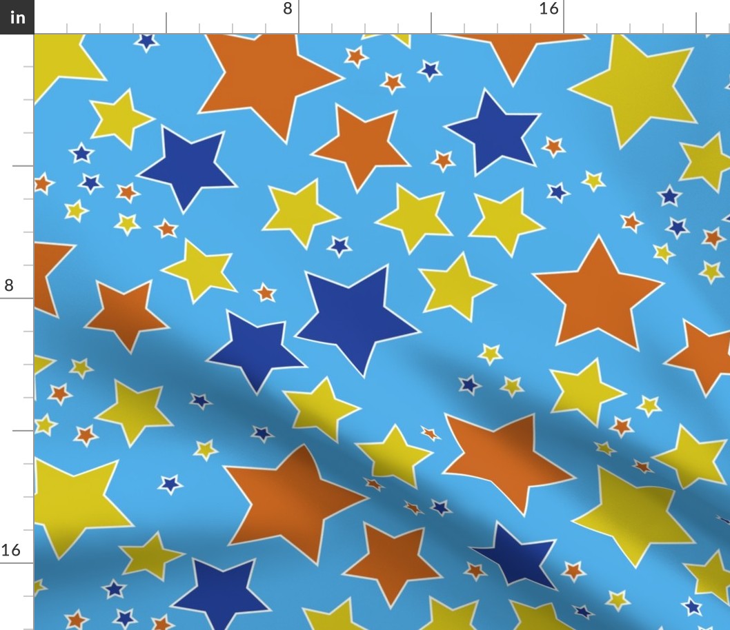 009 - Large scale sky blue, orange and bright blue Take a Hike Kiwiana stars for children's wallpaper, kids duvet covers, night time, galaxy, constellation. bold, vibrant decor