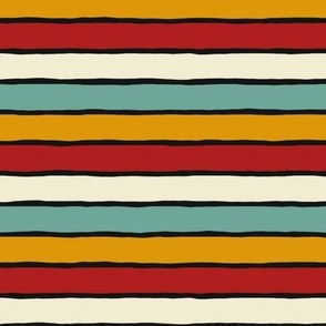 Irregular horizontal stripes on the beach in playful bright colours - multicolor: mustard yellow, teal, deep red - rustic colourful pattern with organic lines for swimwear, bathing suits