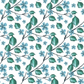 Retro floral pattern. Blue flowers with green leaves on a white background.