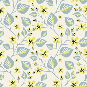 Retro floral pattern. Yellow flowers with gray leaves on a cream background.