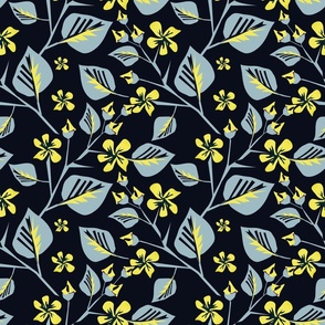 Retro floral pattern. Yellow flowers with gray leaves on a black background.